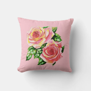 Coussin Roses roses corail rose avec Feuilles verts Jade