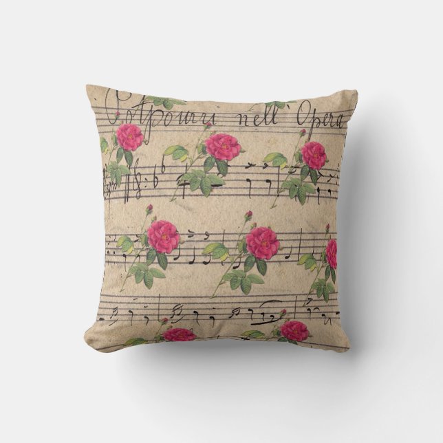 Coussin Roses roses et feuille de musique rose Lancer l'or (Recto)