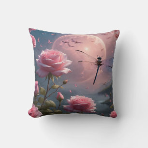 Coussin Roses roses et libellule