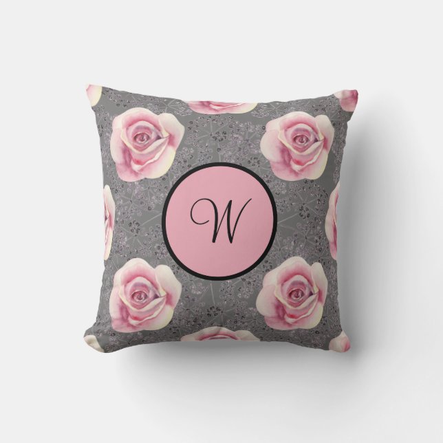 Coussin Roses roses monogrammées sur fond gris (Recto)