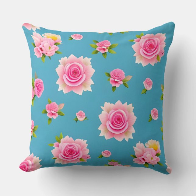 Coussin Roses roses sur un fond bleu (Recto)