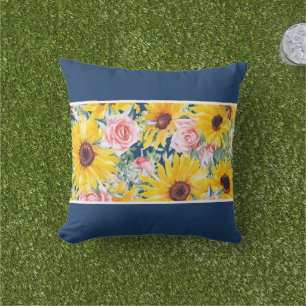 Coussin Roses roses tournesols bleu marine porche patio ex