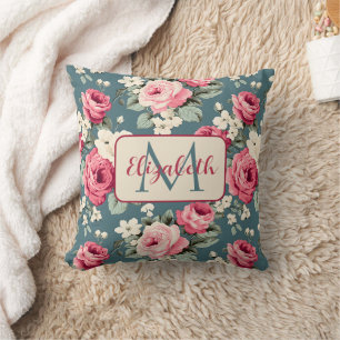 Coussin Roses roses vintage sur monogramme bleu profond