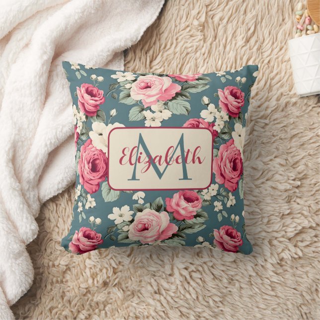 Coussin Roses roses vintage sur monogramme bleu profond (Couverture)