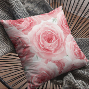 Coussin Roses Rouges Aquarelle Fleurs Motif Rose Pâle