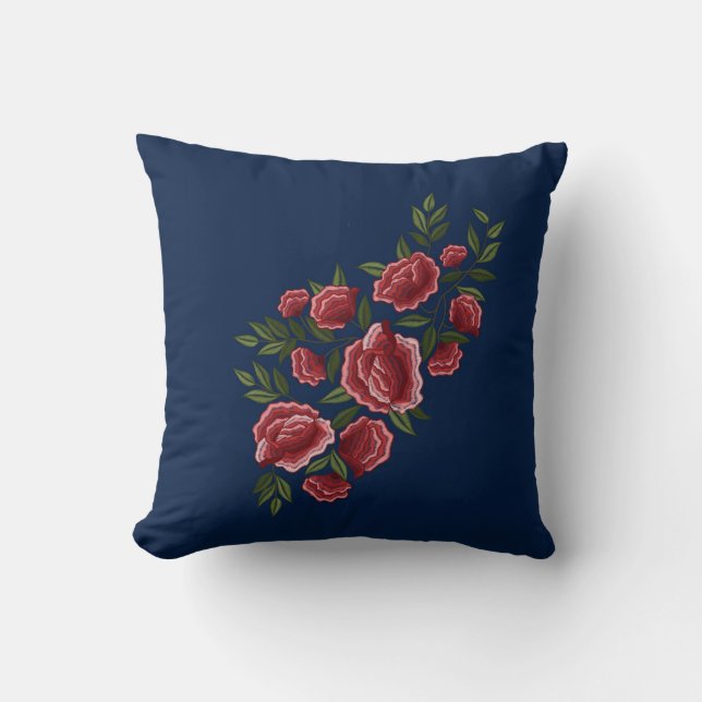 Coussin Roses rouges brodées Feuilles verts bleu floral (Recto)