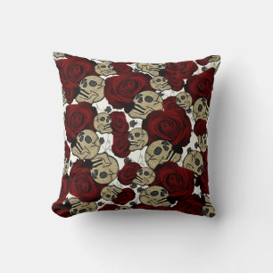 Coussin Roses Rouges & Crânes Floral Noir Gothique Blanc