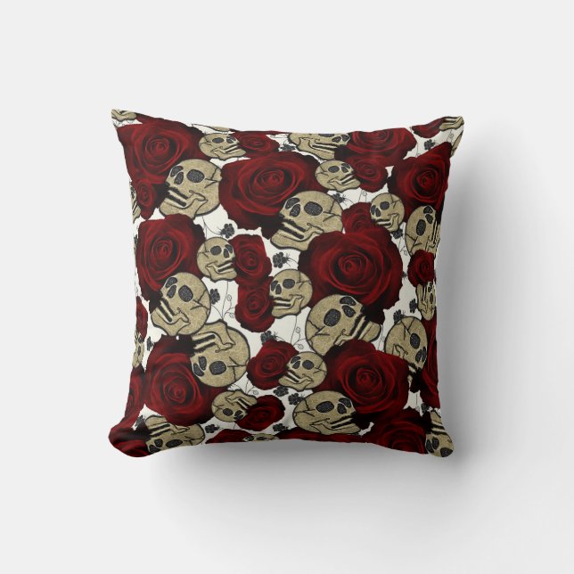 Coussin Roses Rouges & Crânes Floral Noir Gothique Blanc (Recto)