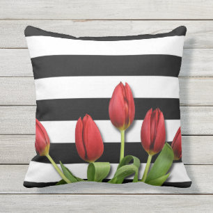 Coussin Roses rouges et bandes blanches noires