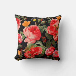 Coussin ROSES ROUGES ET BOUTEILLES JAUNES Floral noir