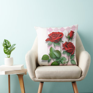 Coussin Roses rouges et Motif diamant rose et blanc