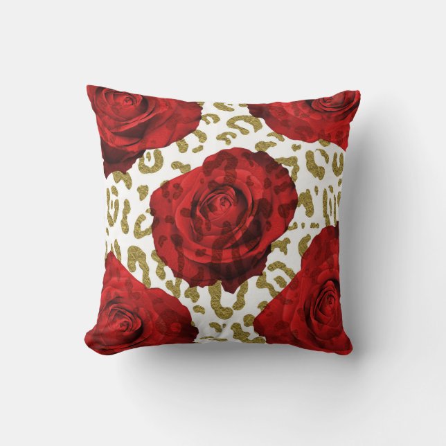 Coussin Roses Rouges Guépard Doré Imprimé Animalier Léopar (Recto)