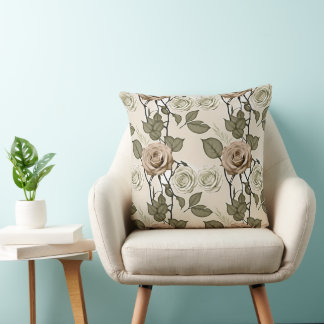 Coussin Roses Sépia Inspirées de l'Antique avec Feuilles V