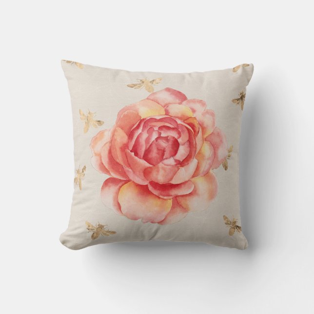 Coussin Roses sur fond blanc avec abeilles dorées (Recto)