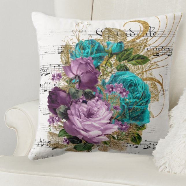 Coussin Roses Tons de Bijou (Purple and teal floral throw pillow)