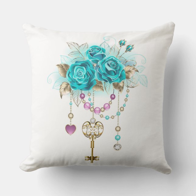 Coussin Roses Turquoise avec Clés (Recto)
