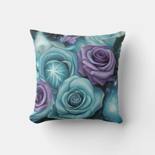 Coussin Roses turquoise et violet