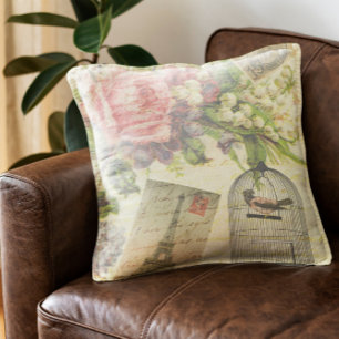 Coussin Roses vintages et oiseaux en cage