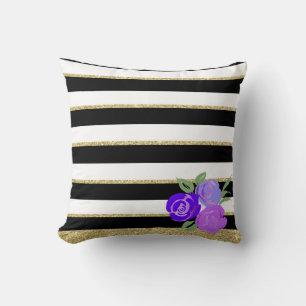 Coussin Roses violets sur noir, blanc, Gold Stripes Cushio
