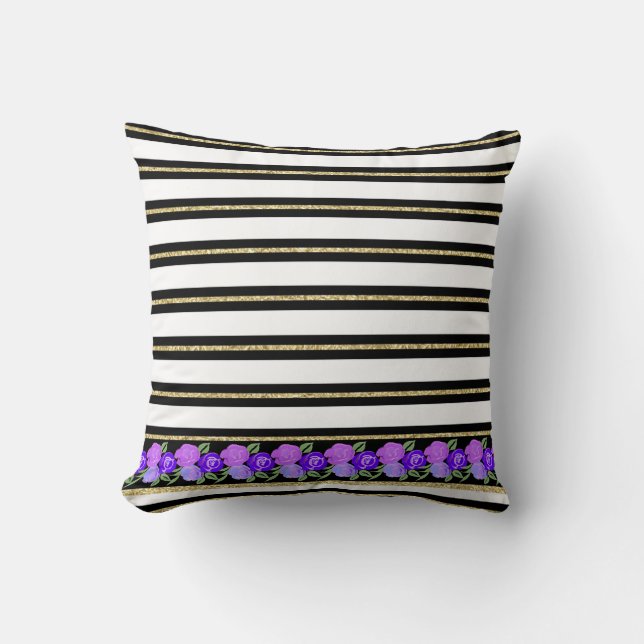 Coussin Roses violets sur noir, blanc, Gold Stripes Cushio (Recto)