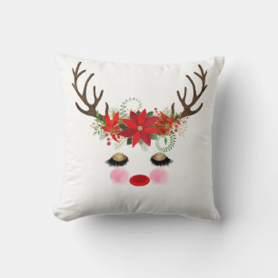 Coussin Rosy Cheeks Gold Eyes Floral Reindeer Holiday