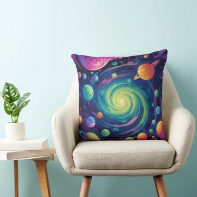 Coussin Rotation planétaire (Neon Galaxy Space Throw Pillow – Cosmic Spiral Planets Home Decor Trippy Nebula Sofa Cushion Gift)