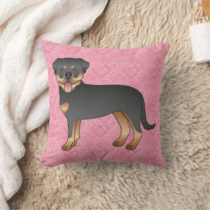 Coussin Rottweiler noir et feu sur cœurs roses