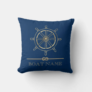 Coussin Roue de bateau en or nautique, Bleu marine