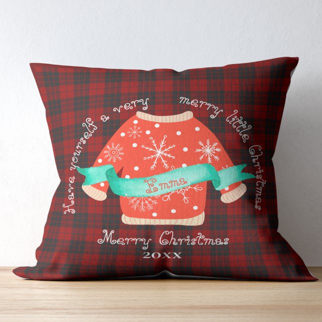 Coussin Rouge à carreaux noir vilain pull de Noël mignon (Red Black Plaid Ugly Sweater Cute Merry Christmas Throw Pillow)