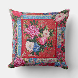 Coussin Rouge à l'air brodé Chinoiserie Peony Patchwork