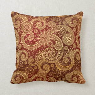Coussin Rouge abstrait et motif floral d'or