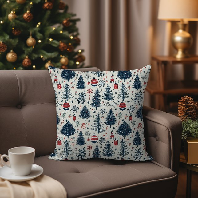 Coussin Rouge Blanc et Bleu Noël Maison de vacances Hygat (Scandinavian Nordic Christmas Woodland Pattern Throw Pillow – Red, White, and Blue Pattern)