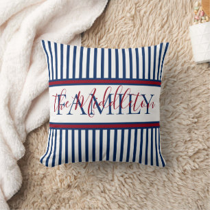 Coussin Rouge Blanc et Bleu Rayé Famille Personnalisée