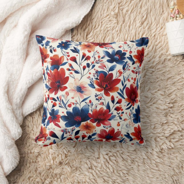 Coussin Rouge Bleu Blanc Floral Patriotique (10) (Couverture)