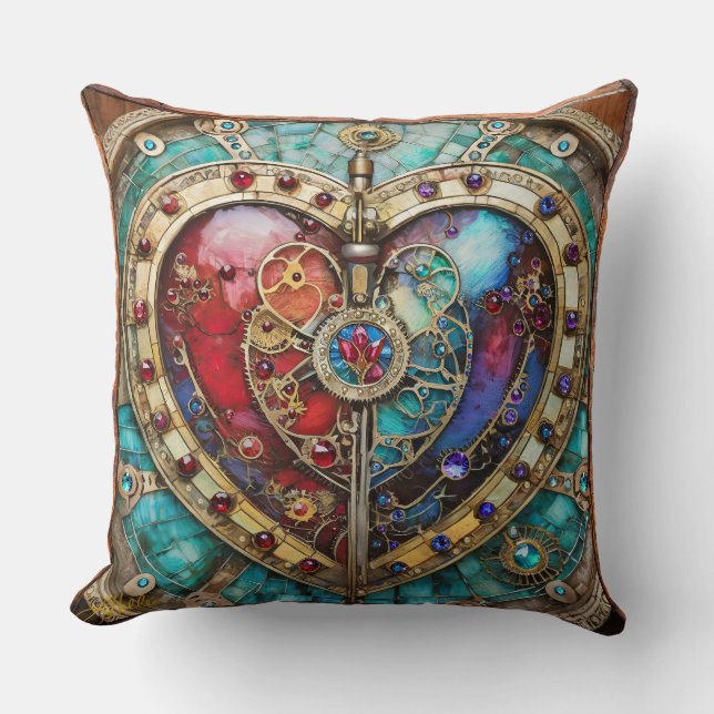 Coussin Rouge & Bleu Vitrail Heart Steampunk Series (Recto)