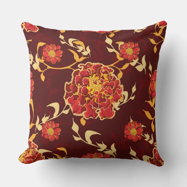 Coussin Rouge Bourgogne Orange Floral Impression Jeu d'ore (Recto)