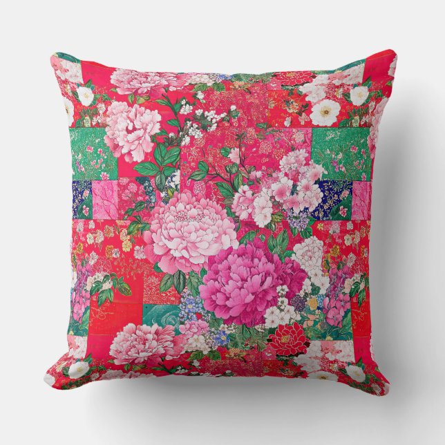 Coussin Rouge brillant Chinoiserie Patchwork Floral (Recto)