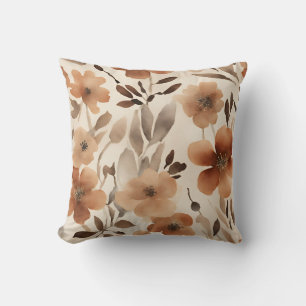 Coussin Rouge Brûlé Rouille Brun Beige Floral Aquarelle