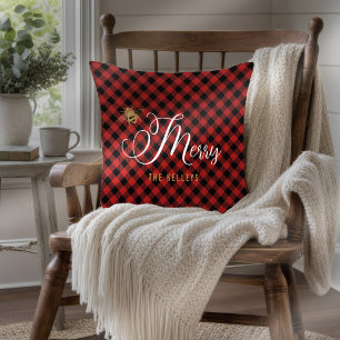 Coussin Rouge Buffalo Check Bee Joyeux Noël Nom de famille