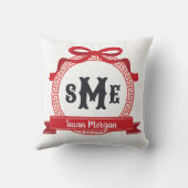 Coussin Rouge Cerise Monogramme à Clef Grecque en Arc (Verso)