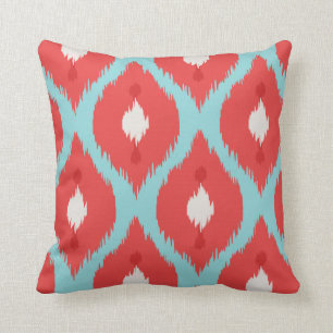 Coussin rouge chic moderne d'ikat de turquoise