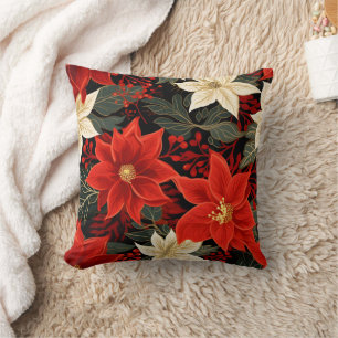 Coussin Rouge classique et blanc Poinsettia Noël Floral