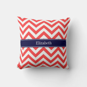 Coussin Rouge Corail Blanc Chevron LG Bleu Marine Monogram