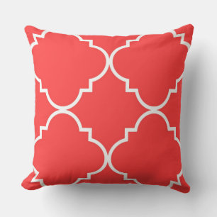Coussin Rouge Corail Blanc Grand Motif Quatrefeuilles