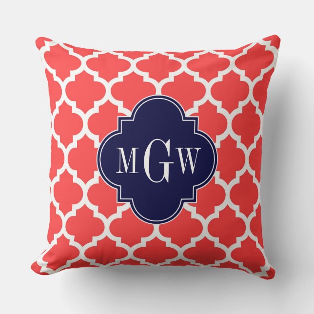 Coussin Rouge Corail Blanc Marocain #5 Navy 3 Monogramme I (Recto)