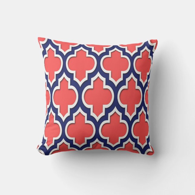 Coussin Rouge Corail Navy Blanc Quatrefoil Marocain #4DS (Recto)