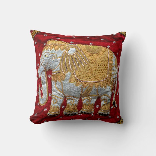 Coussin Rouge embelli et or d'éléphant d'Asie (Recto)