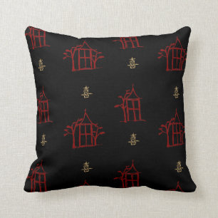 Coussin Rouge et carreau de Chinoiserie de pagodas d'or