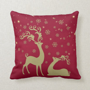 Coussin Rouge et renne de Noël d'or