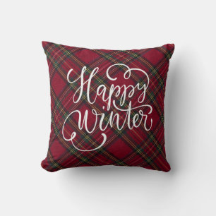 Coussin Rouge et vert plaid Happy Winter